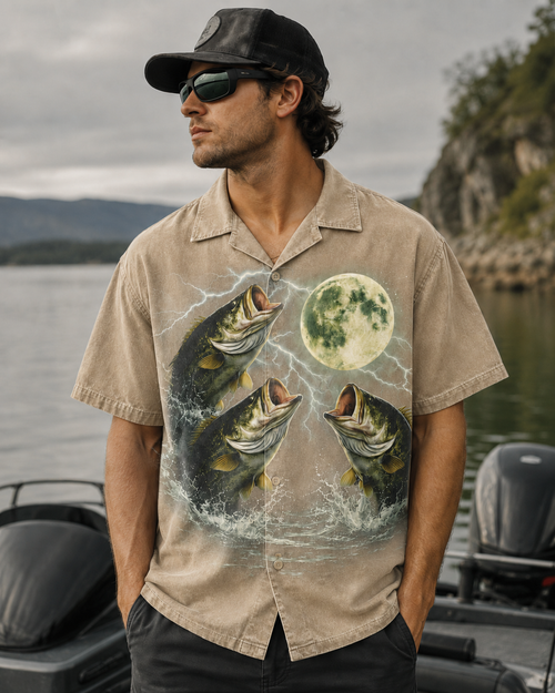 Three Bass Green Moon Fishing Shirt